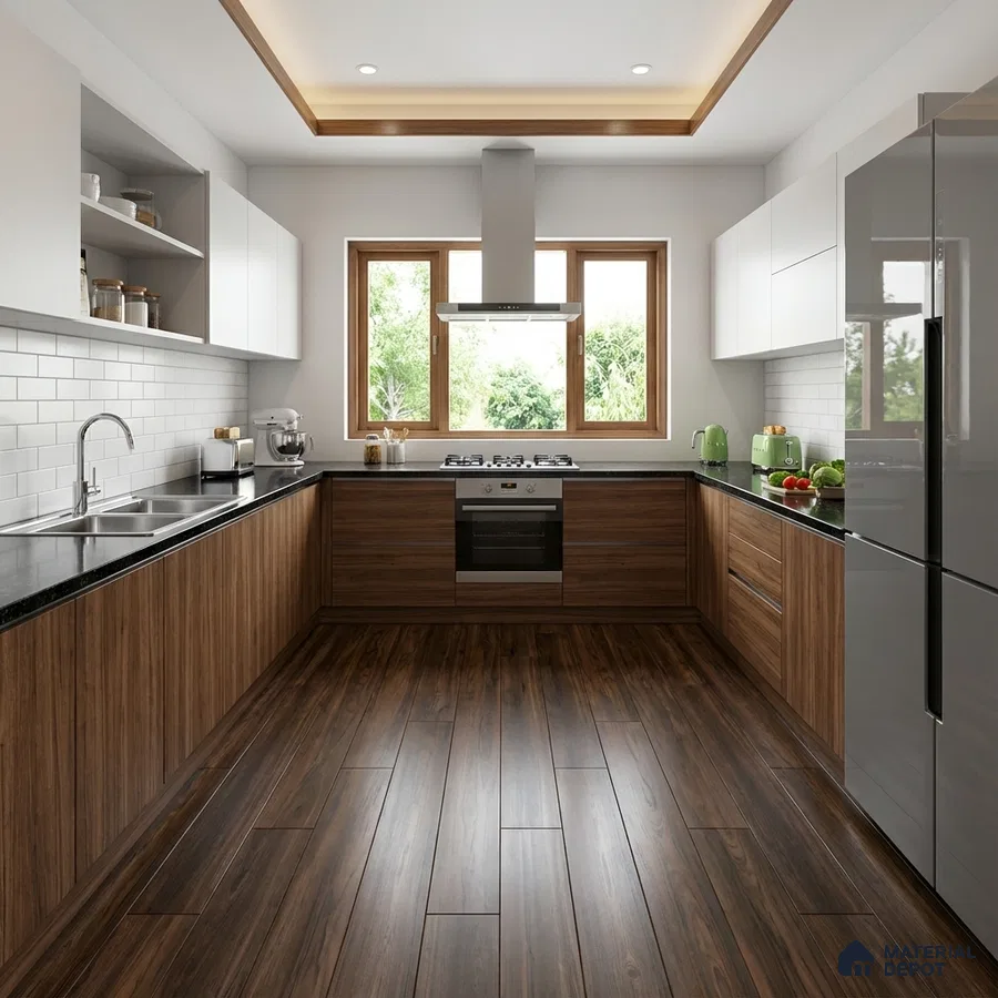 Modern kitchen with walnut wood laminate, black granite countertop, and subway backsplash tiles