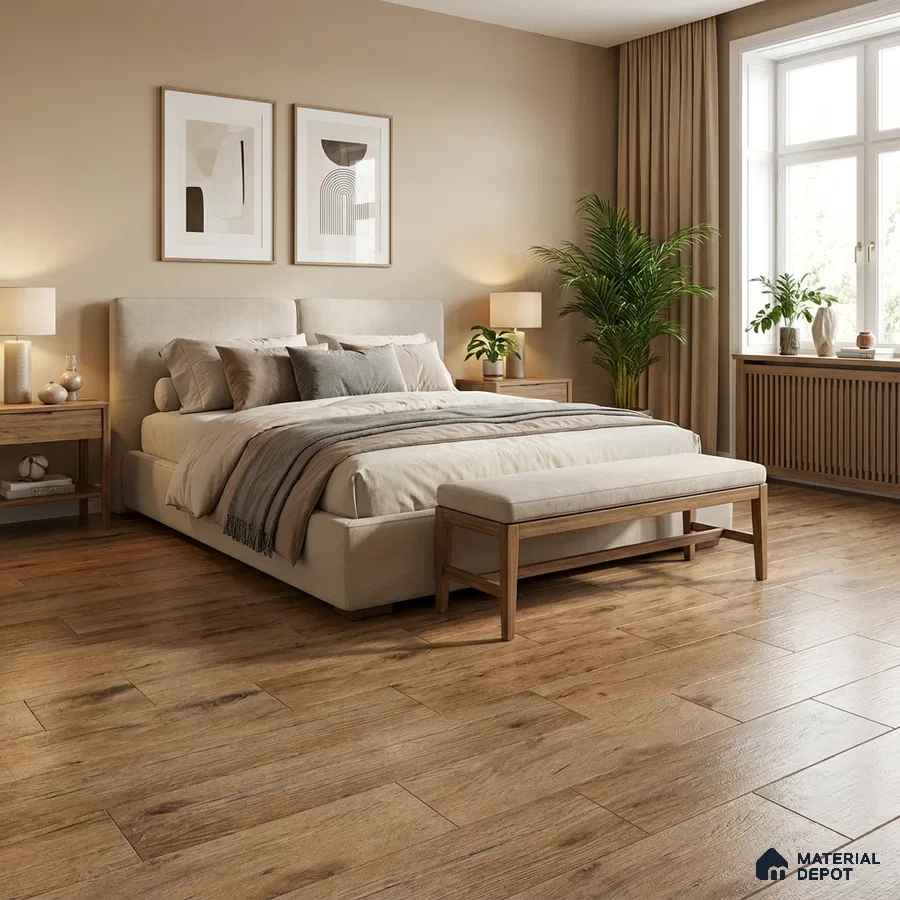Scandinavian bedroom with light beige upholstery and natural oak wood flooring