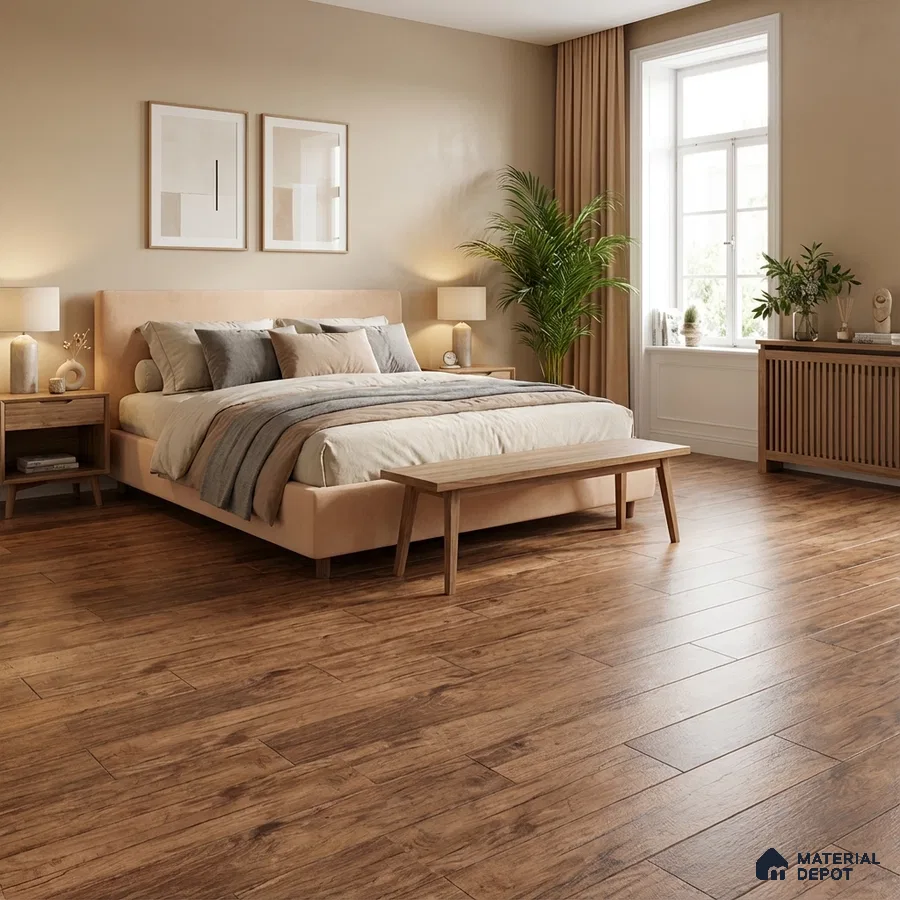 Scandinavian bedroom with natural wood plank flooring and beige upholstered bed