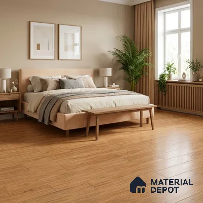 Scandinavian bedroom with light oak wooden flooring and beige suede upholstered bed