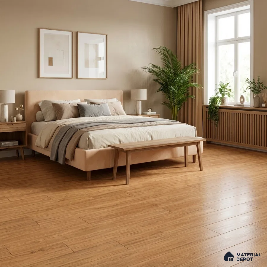 Scandinavian bedroom with light oak wooden flooring and beige suede upholstered bed