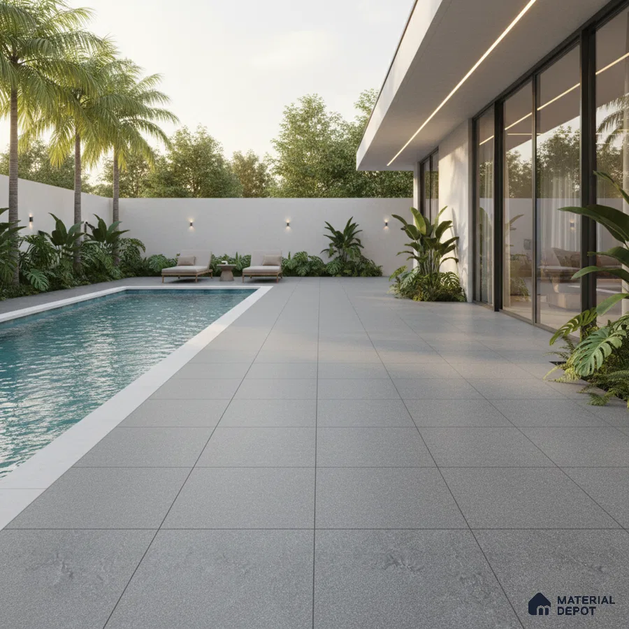 Modern outdoor poolside with large format grey matte floor tiles and minimalist landscaping