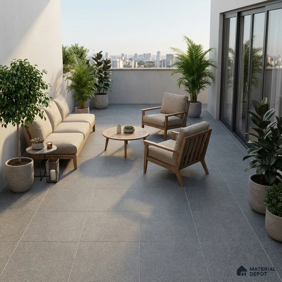 Modern outdoor balcony with grey stone floor tiles and natural wood furniture
