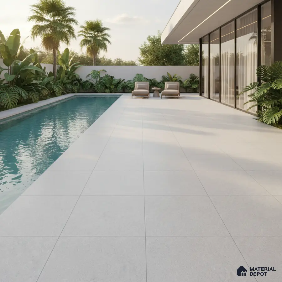 Modern outdoor poolside with large format light grey stone tiles and minimalist landscaping