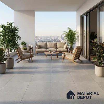 Scandinavian balcony with light grey floor tiles and natural wood outdoor furniture