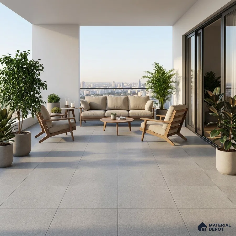 Scandinavian balcony with light grey floor tiles and natural wood outdoor furniture