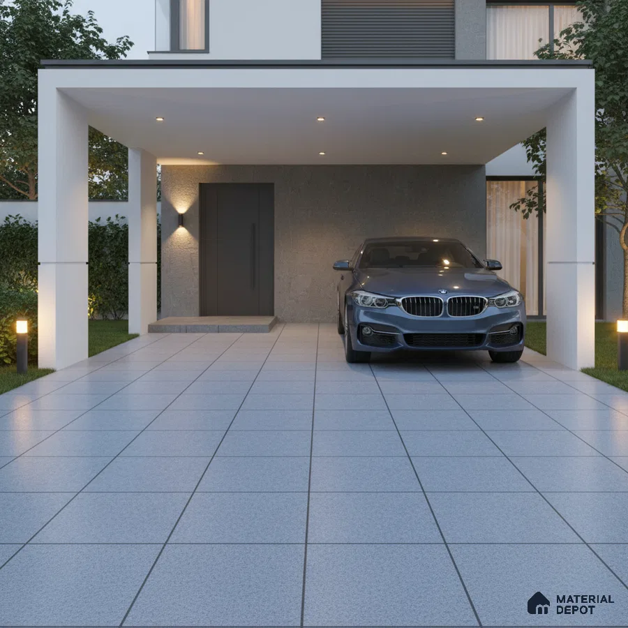 Modern parking with large grey matte floor tiles and minimalistic concrete wall cladding