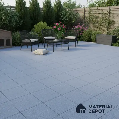 Modern outdoor patio with light grey anti-skid floor tiles and black wicker furniture