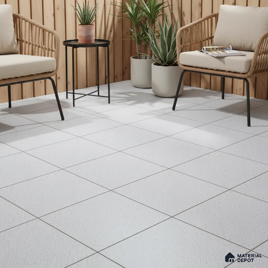 Scandinavian balcony with light grey floor tiles and natural wood wall panels
