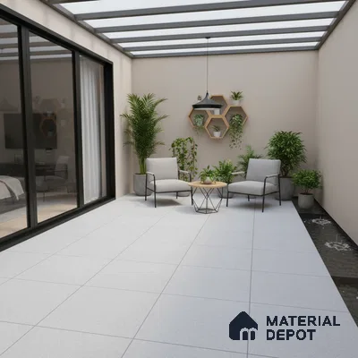 Modern balcony with light grey floor tiles and minimalist planters