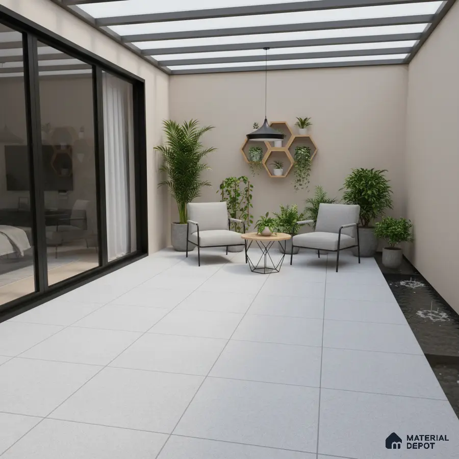 Modern balcony with light grey floor tiles and minimalist planters