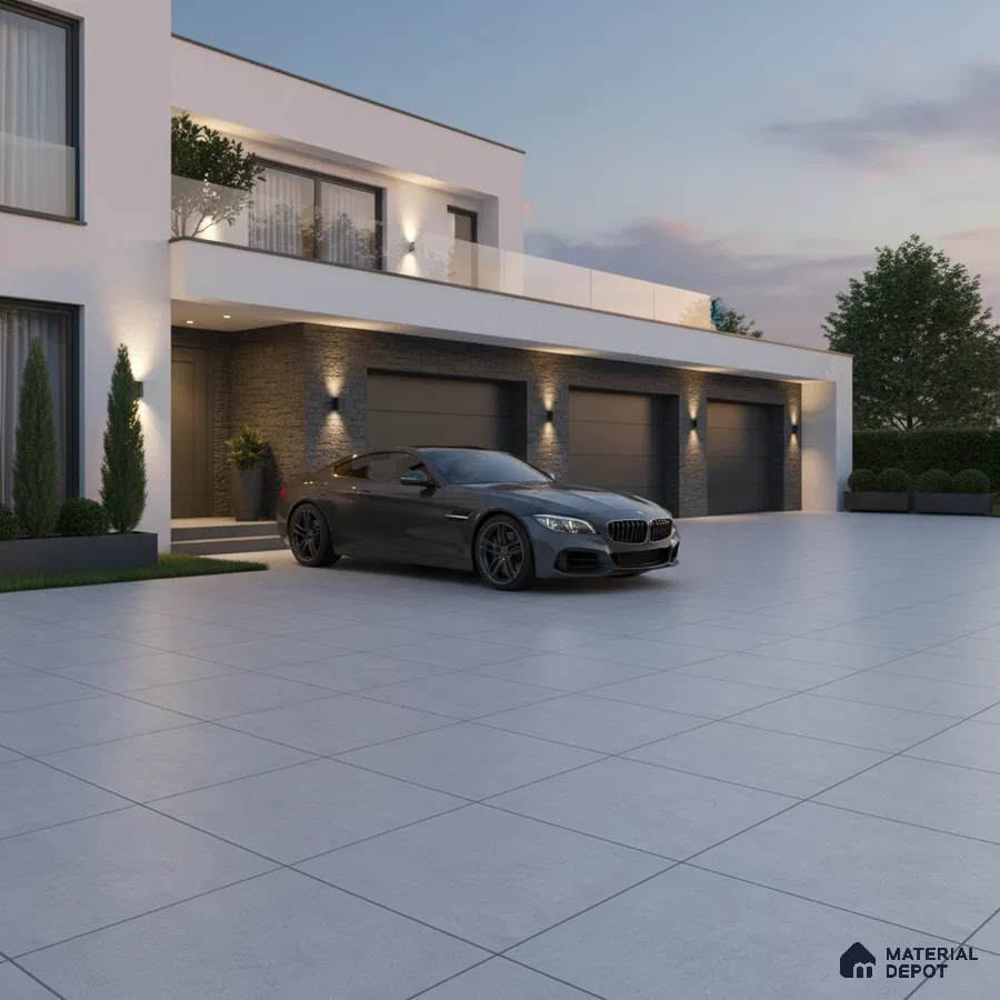 Modern parking with large format grey outdoor tiles and dark stone cladding