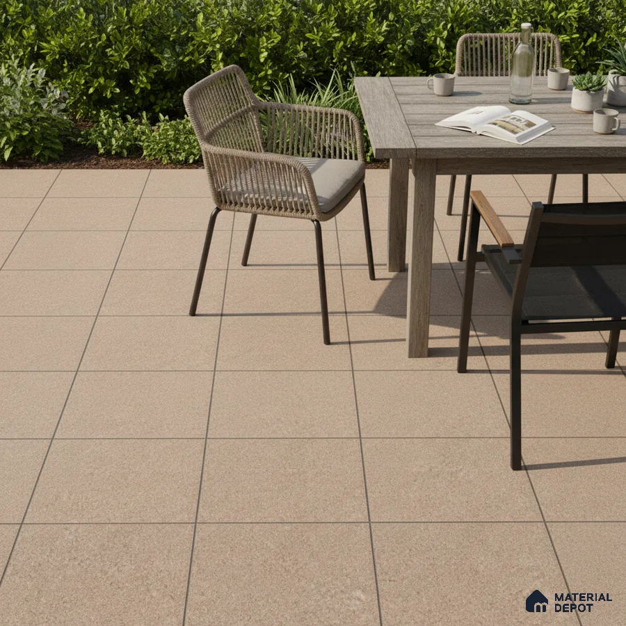 Minimalist outdoor patio with beige stone-look floor tiles and wooden dining set