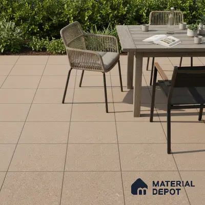 Minimalist outdoor patio with beige stone-look floor tiles and wooden dining set