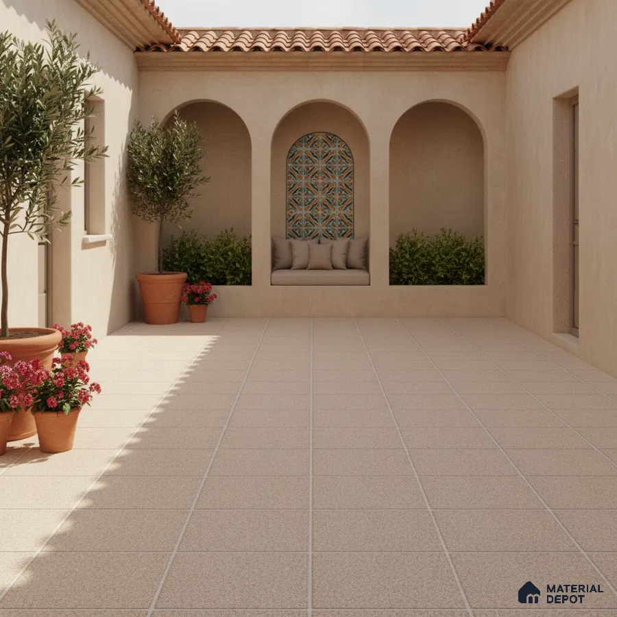 Mediterranean outdoor courtyard with terracotta roof, beige stucco walls, and patterned tile accent niche