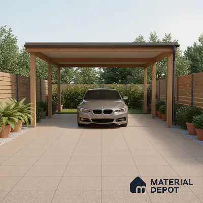 Modern parking with beige outdoor floor tiles and wooden fencing