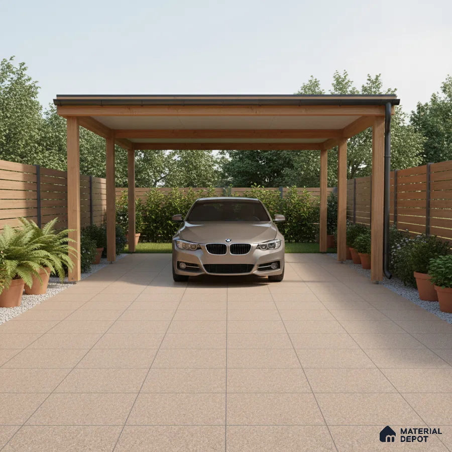 Modern parking with beige outdoor floor tiles and wooden fencing