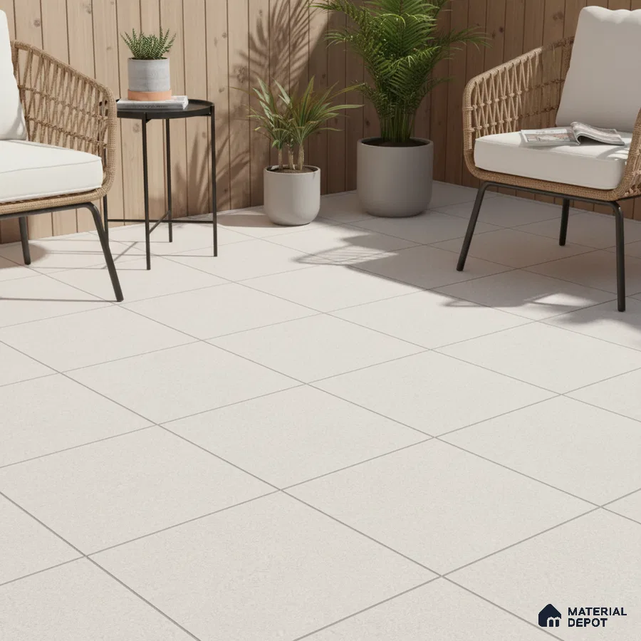 Scandinavian outdoor patio with light beige floor tiles and natural wood cladding