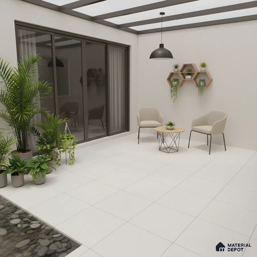 Minimalist balcony with white floor tiles, beige seating, and wooden hexagonal wall shelves