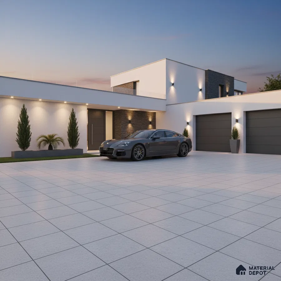 Modern parking with large format light grey outdoor tiles and textured stone cladding