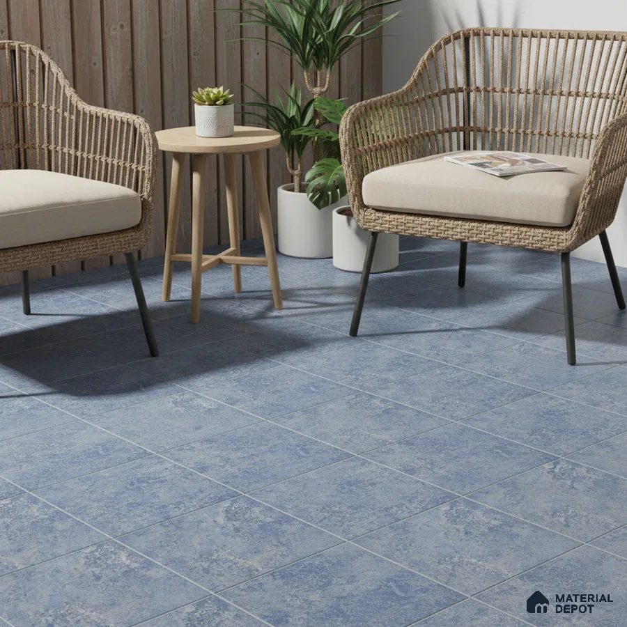 Scandinavian outdoor seating with blue stone-look floor tiles and rattan chairs