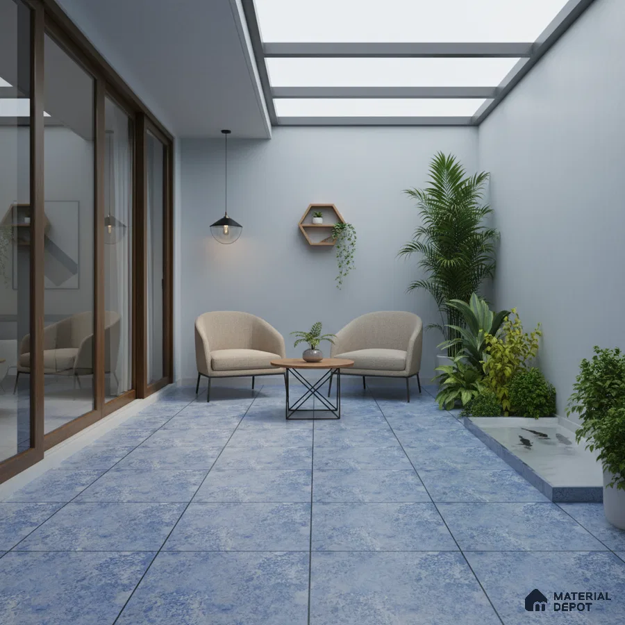 Modern outdoor patio with blue textured floor tiles and minimalist seating
