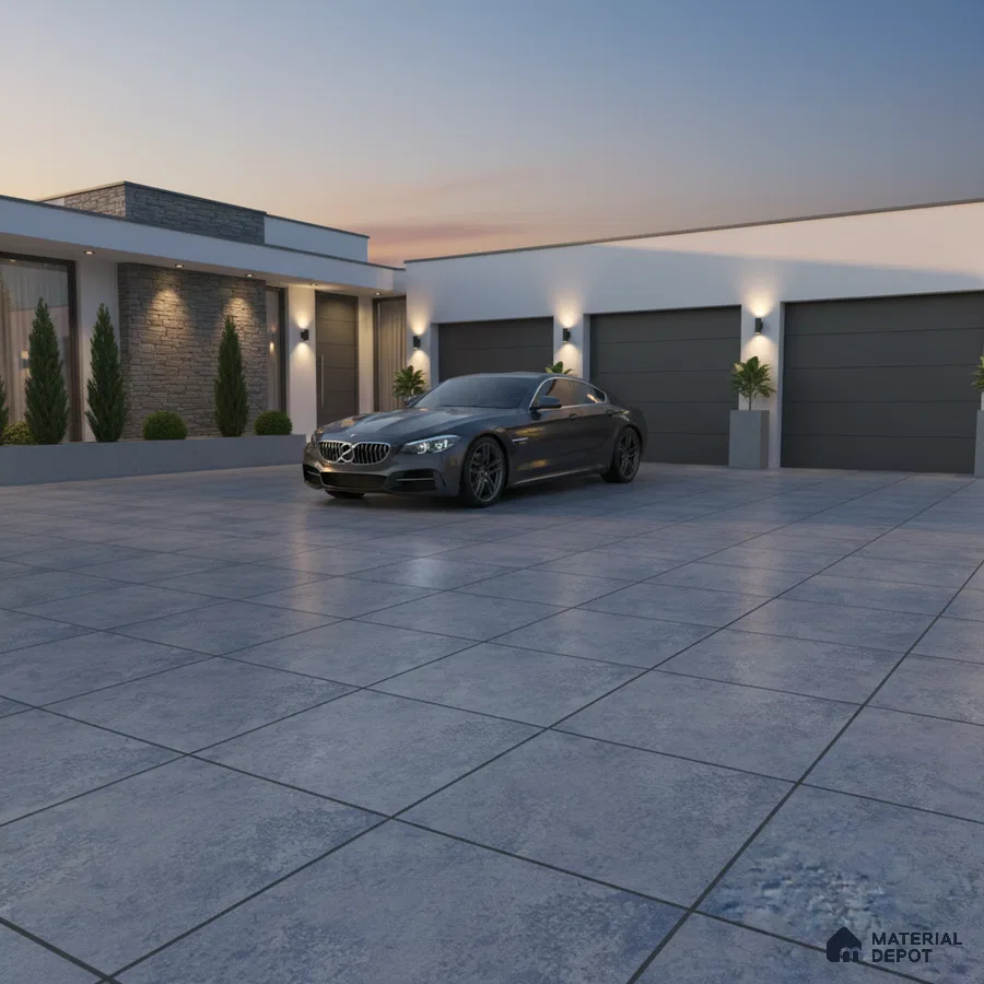 Modern parking with grey stone-look outdoor floor tiles and stone cladding accent wall