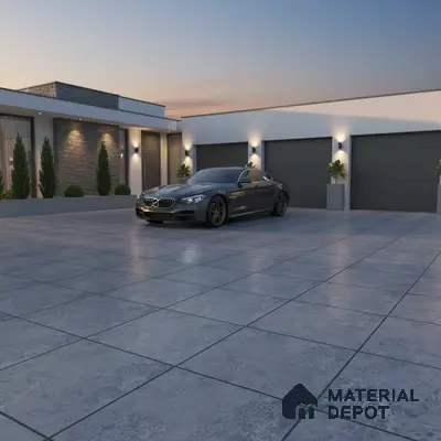 Modern parking with grey stone-look outdoor floor tiles and stone cladding accent wall