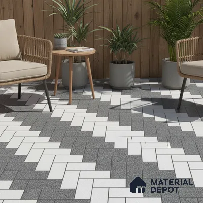 Modern outdoor seating with wood cladding and black-and-white herringbone floor tiles
