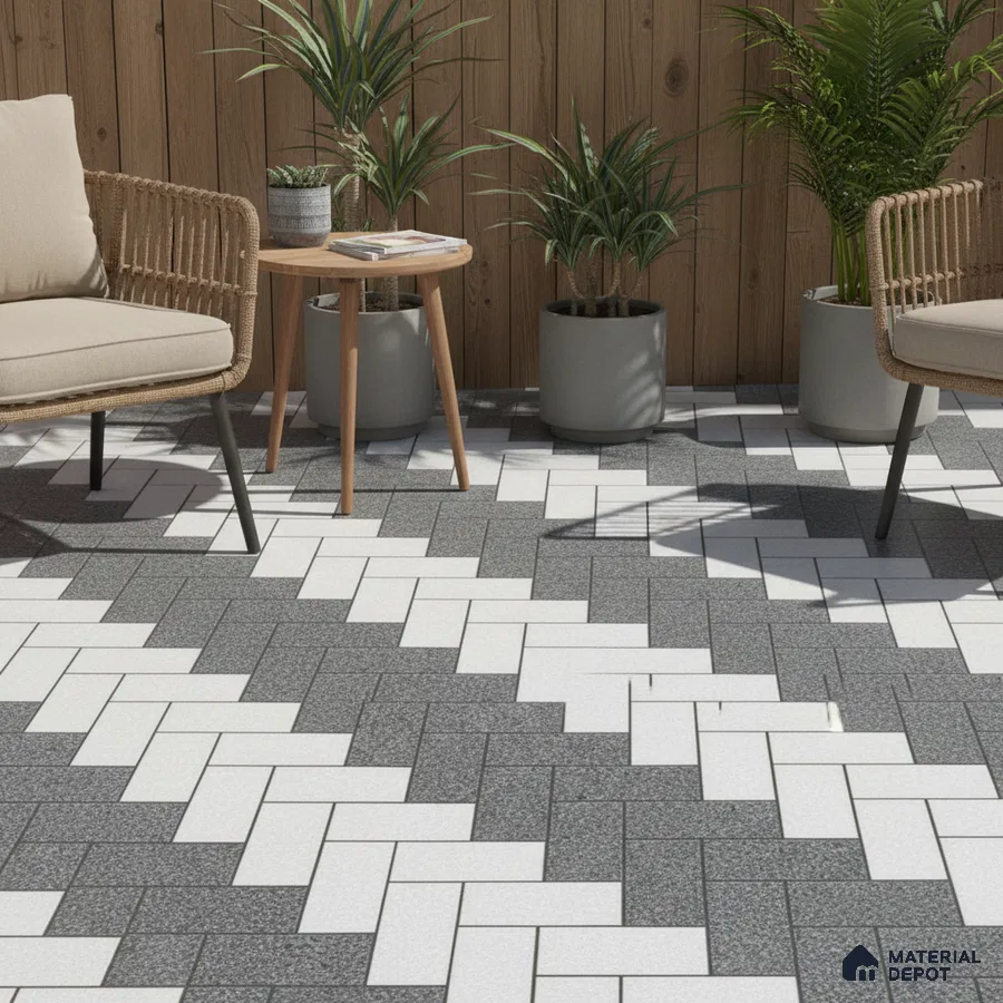 Modern outdoor seating with wood cladding and black-and-white herringbone floor tiles