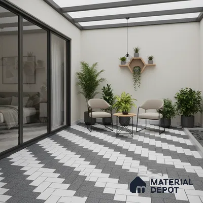 Modern outdoor patio with geometric grey and white floor tiles and minimalist planters