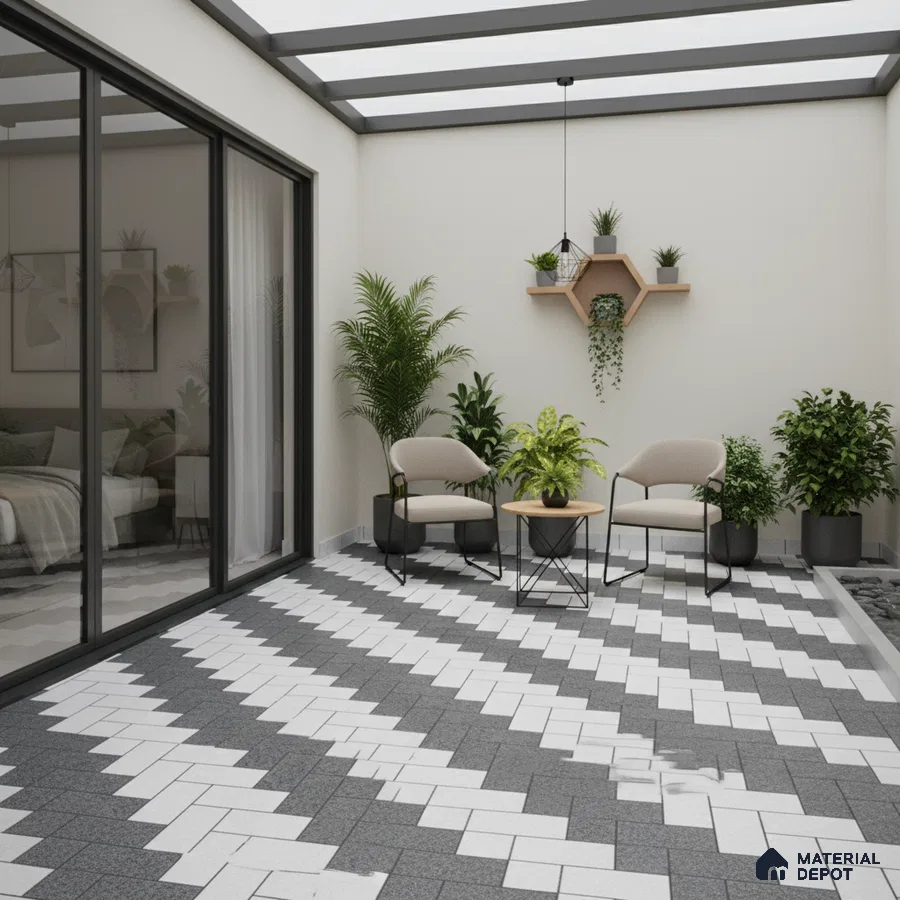 Modern outdoor patio with geometric grey and white floor tiles and minimalist planters