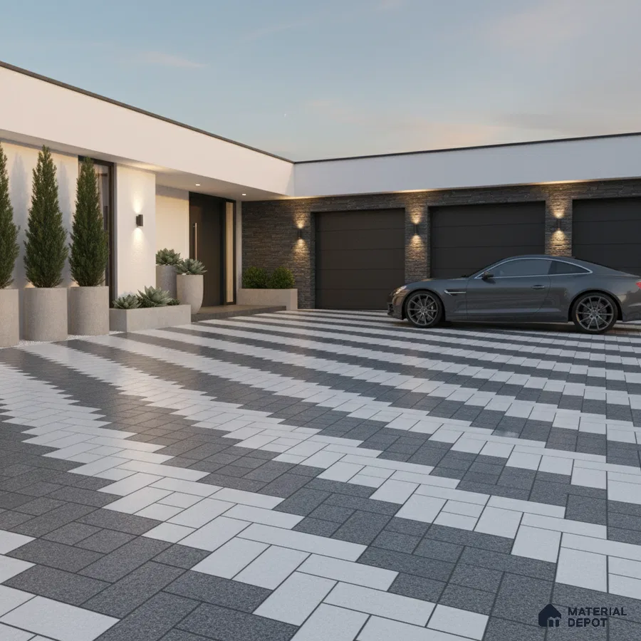 Modern parking with grey and white geometric outdoor floor tiles and stone cladding accent wall