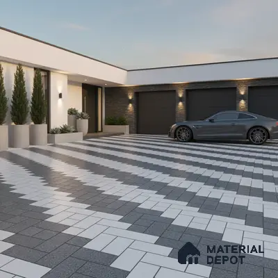 Modern parking with grey and white geometric outdoor floor tiles and stone cladding accent wall