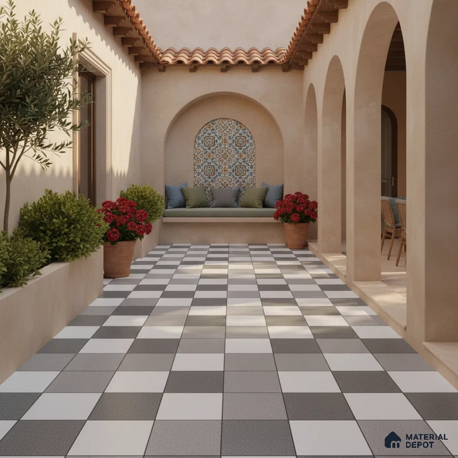 Mediterranean outdoor courtyard with checkerboard floor tiles and patterned mosaic accent wall
