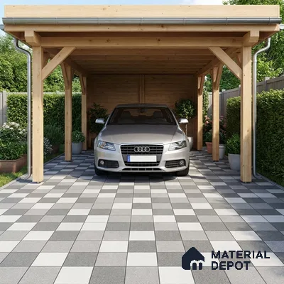 Modern parking with wooden structure and grey-white checkerboard floor tiles