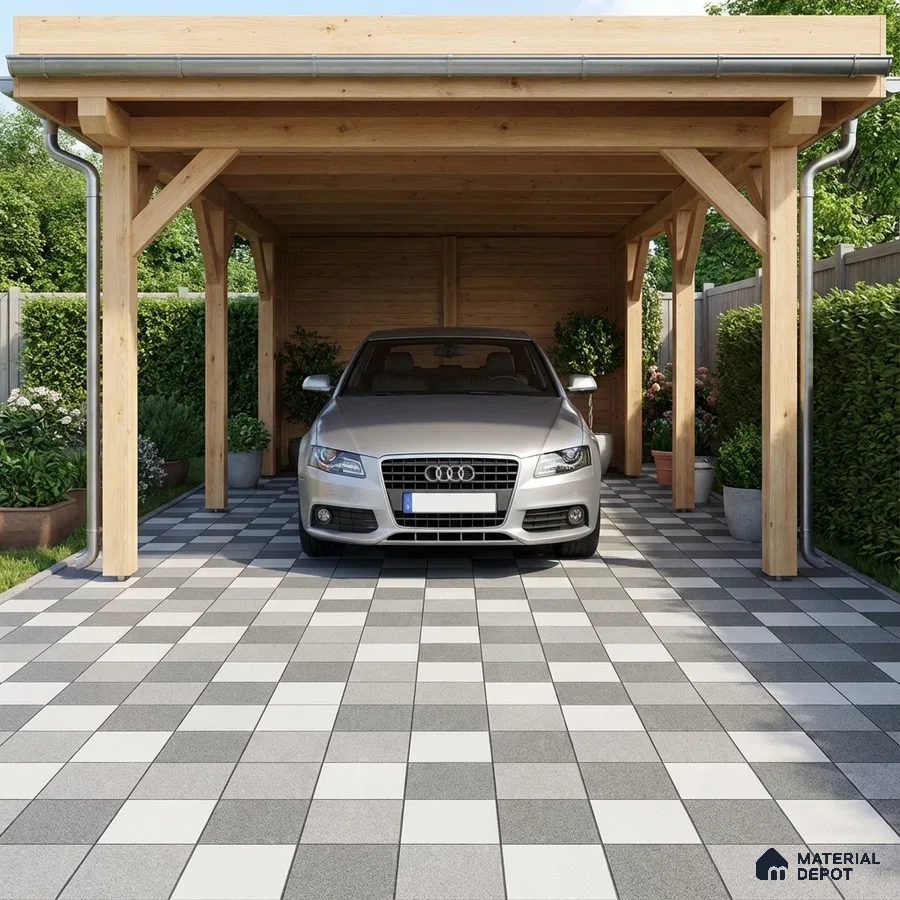 Modern parking with wooden structure and grey-white checkerboard floor tiles