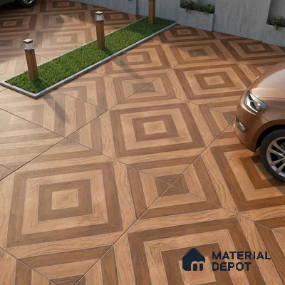 Modern parking with geometric wood-look floor tiles in square pattern