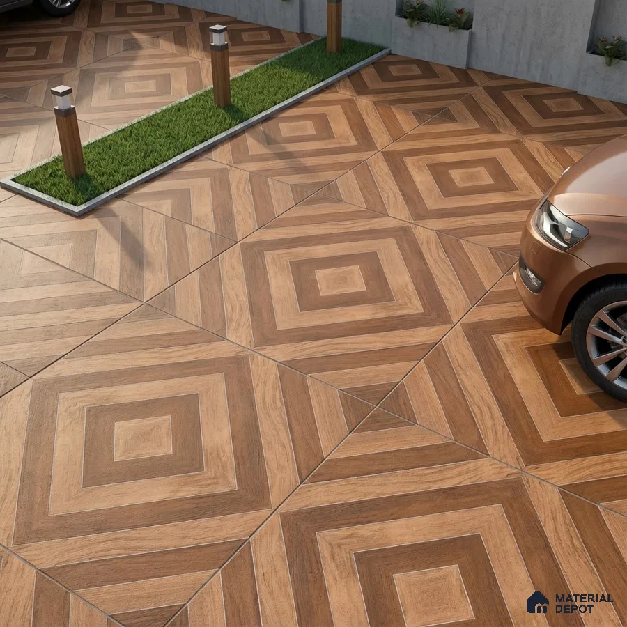 Modern parking with geometric wood-look floor tiles in square pattern