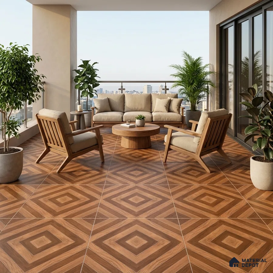 Modern balcony with geometric wood-look floor tiles and natural wood outdoor furniture