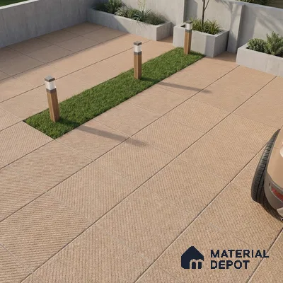 Modern parking with textured beige outdoor floor tiles and concrete planters