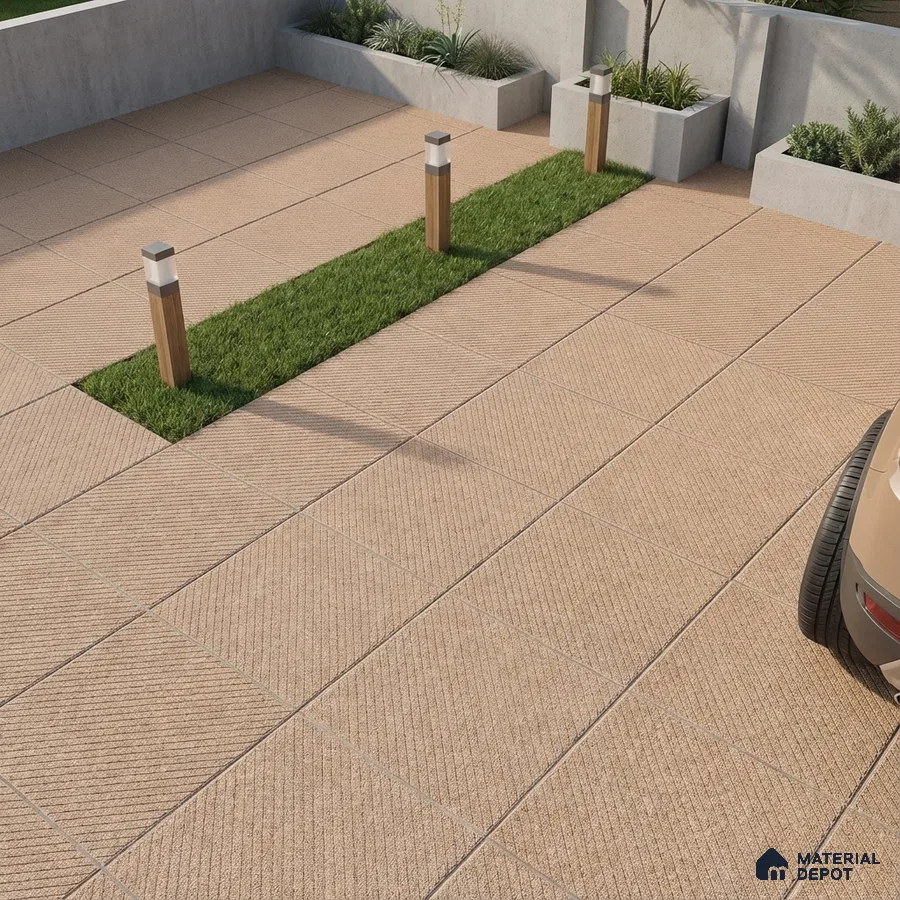 Modern parking with textured beige outdoor floor tiles and concrete planters