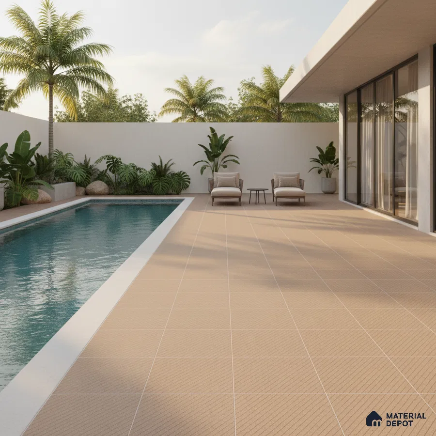 Modern outdoor poolside with beige textured floor tiles and tropical landscaping