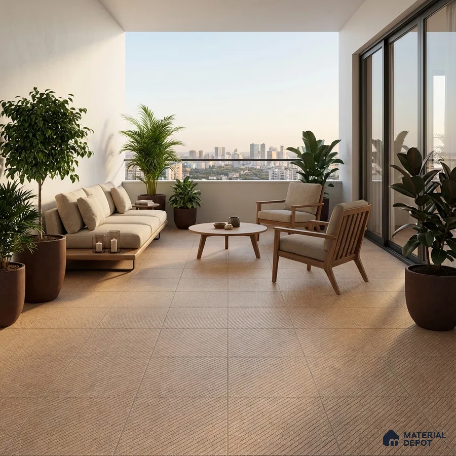 Scandinavian balcony with beige textured floor tiles and natural wood outdoor furniture