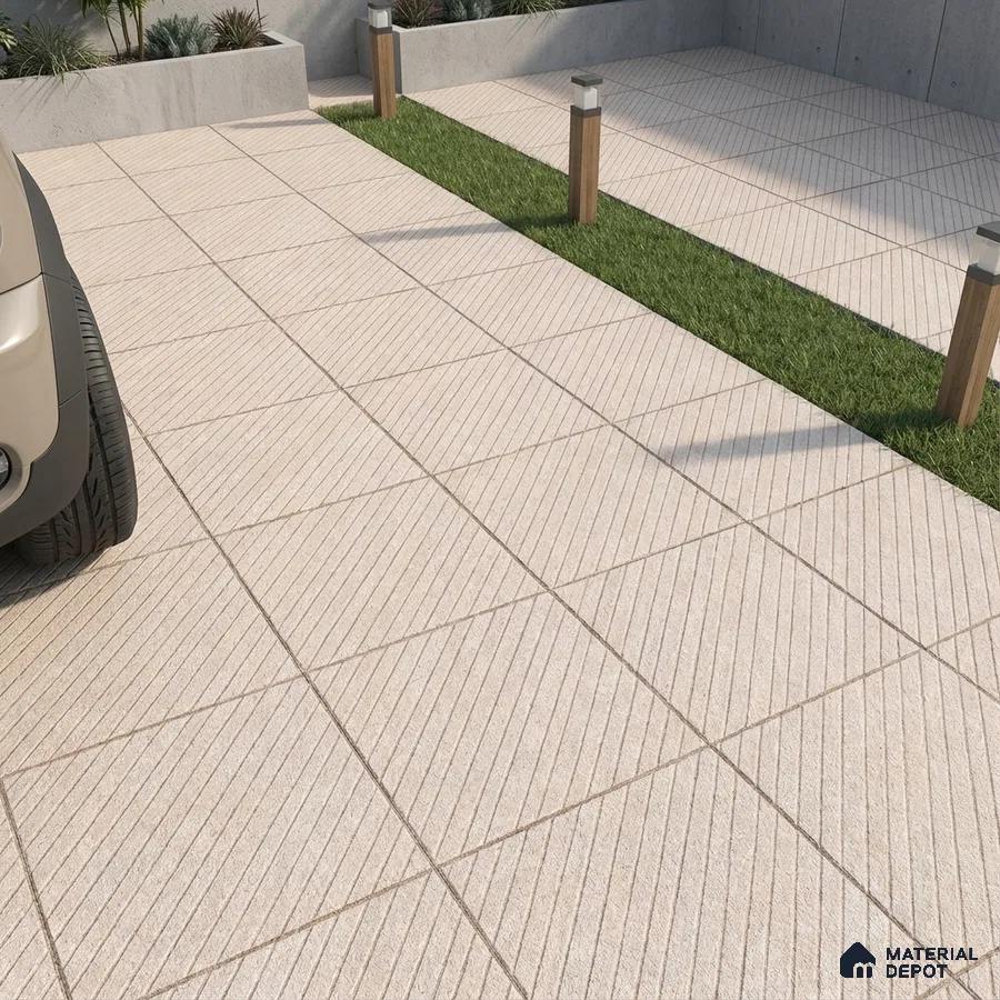 Modern parking area with beige diagonal line textured outdoor floor tiles