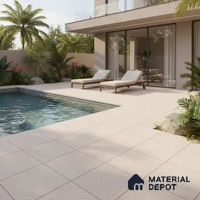 Modern outdoor poolside with beige textured floor tiles and minimalist lounge seating