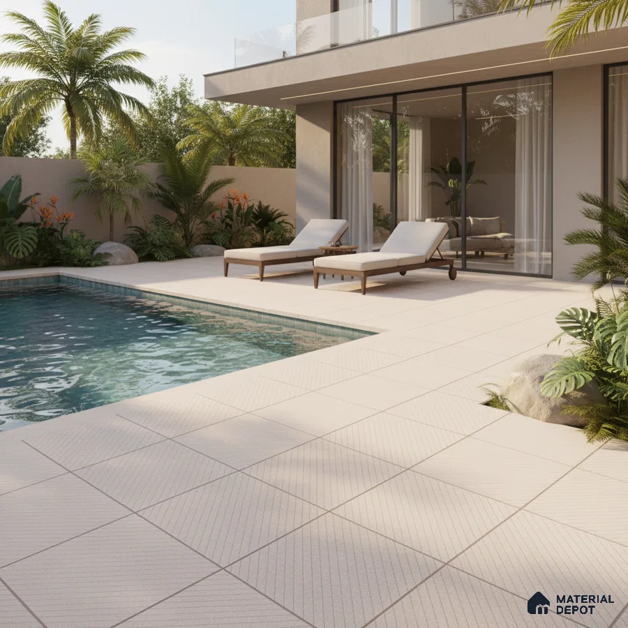 Modern outdoor poolside with beige textured floor tiles and minimalist lounge seating