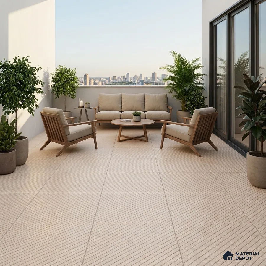Scandinavian balcony with beige textured floor tiles and natural wood outdoor furniture