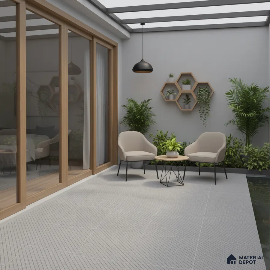 Scandinavian outdoor patio with light grey textured floor tiles and natural wood accents
