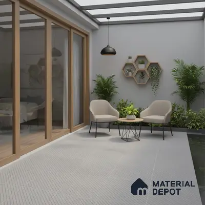 Scandinavian outdoor patio with light grey textured floor tiles and natural wood accents
